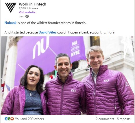 LinkedIn post about Nubank founder David Vélez with 200 reactions and 6 reposts