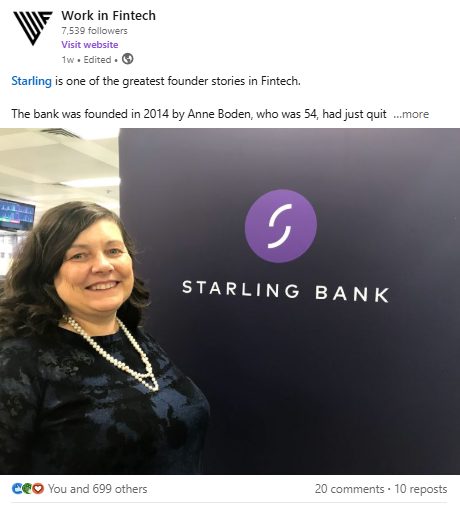LinkedIn post about Starling Bank founder Anne Boden with 700 reactions and 20 comments